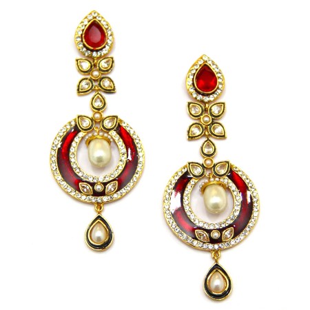 Long Red Enamel Dangle Earrings with Diamonds and Pearls